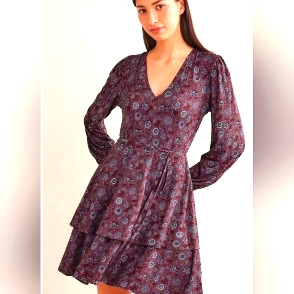 Boden Burgundy Floral Jersey Knit Long Sleeve Tiered Mini Dress Deep V-neck 4